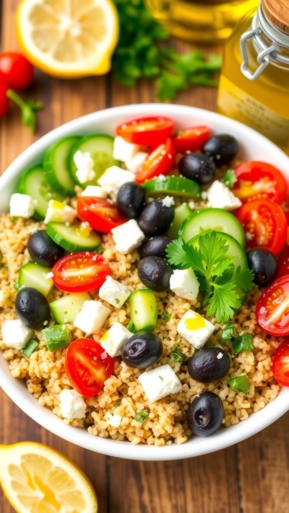 A Greek quinoa bowl with tomatoes, cucumbers, olives, feta cheese, and parsley, garnished with lemon dressing on a rustic table.